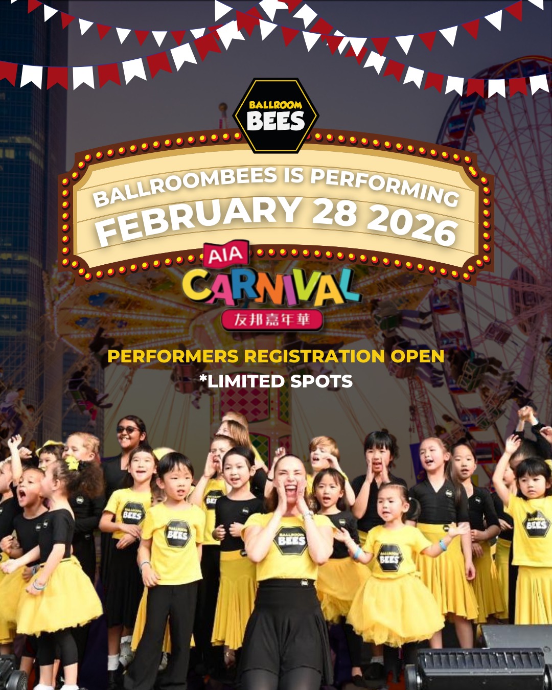 We’re excited to announce that registration is now OPEN for our upcoming AIA Carnival BallroomBees Performance! 🎉✨
Event Details:
📅 Date: February 28, 2026
⏰ Call Time: 15:15 hrs
(Please be on time - late arrivals will need to purchase a single-entry ticket)
📍 Venue: AIA Carnival, 9 Lung Wo Road, Central Harbourfront
💃 Performance Time: 16:00 – 17:00 hrs
Registration Fee
💰 Nominal Fee: HK$50 (non-refundable)
Limited spots available – secure your place early!
-----------
LINK IN BIO
-----------
Don’t miss this chance to perform at one of Hong Kong’s most exciting events of the year. We can’t wait to light up the AIA Carnival stage with you! 🎡🐝
#Ballroombees #AIACarnival #kids #dance #kidsdancing