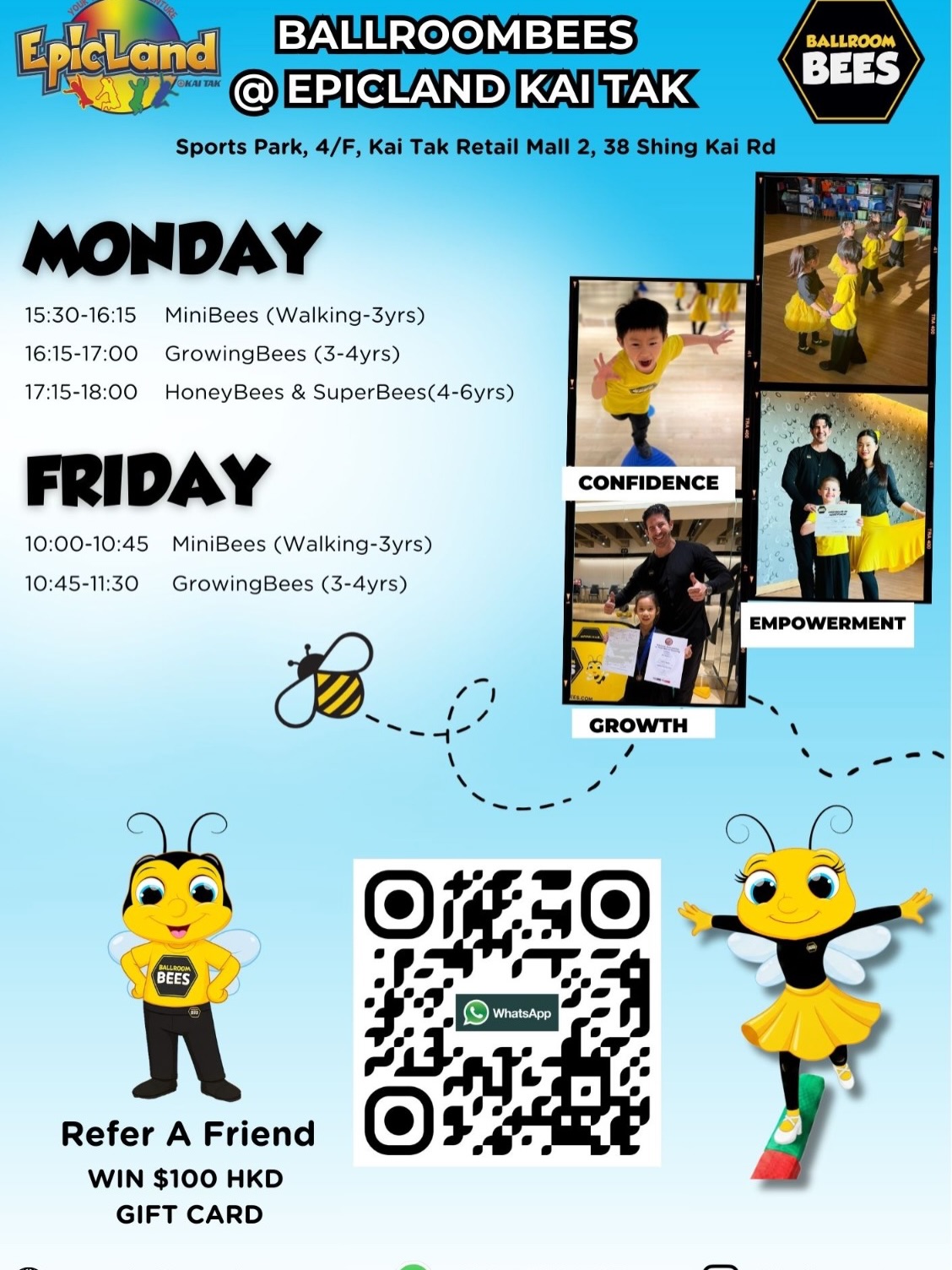 📣BallroomBees is thrilled to announce our brand new location at EpicLand Kai Tak! Get ready to dance, play, and grow with us in an exciting new environment.

📍 Find Us: Sports Park, 4/F, Kai Tak Retail Mall 2, 38 Shing Kai Rd

@epiclandhk 

Join our popular classes designed for every dancer:
🐝 MiniBees (Walking-3yrs)
🐝 GrowingBees (3-4yrs)
🐝 HoneyBees & SuperBees (4-6yrs)

We have classes running every Monday and Friday! Check our website for the full schedule and to find the perfect class for your child.

Ready to join the fun?
👉 Visit www.ballroombees.com to book your class today!
📞 Call us at +852 4622 3215

✨ Refer a Friend & Win! ✨ Don’t forget to refer a friend and you could win a $100 HKD gift card!

#BallroomBees #EpicLandKaiTak #NewLocation #KidsDance #HongKongKids TaiKoo DanceClasses ChildrensActivities KaiTak FunForKids DanceAndPlay Movement Movement ReferAFriend